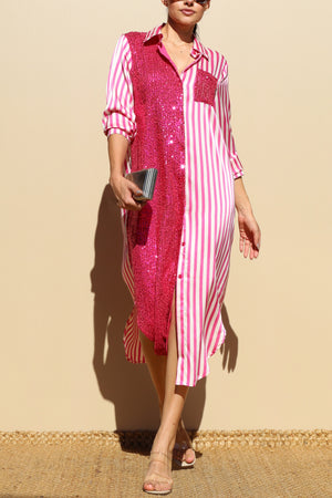 DD4030, Sequin Button Down Satin Shirt Maxi Dress