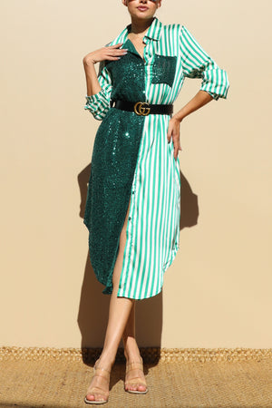 DD4030, Sequin Button Down Satin Shirt Maxi Dress