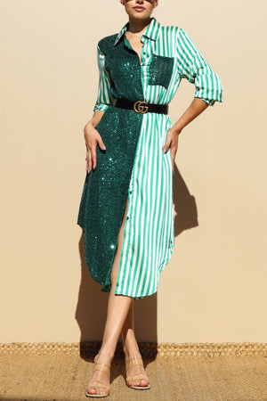 DD4030, Sequin Button Down Satin Shirt Maxi Dress