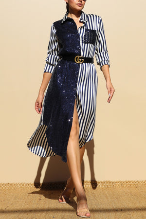 DD4030, Sequin Button Down Satin Shirt Maxi Dress