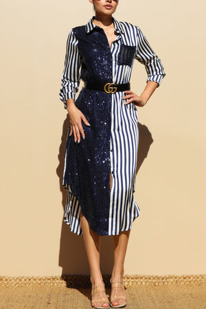 DD4030, Sequin Button Down Satin Shirt Maxi Dress