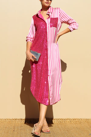 DD4030, Sequin Button Down Satin Shirt Maxi Dress