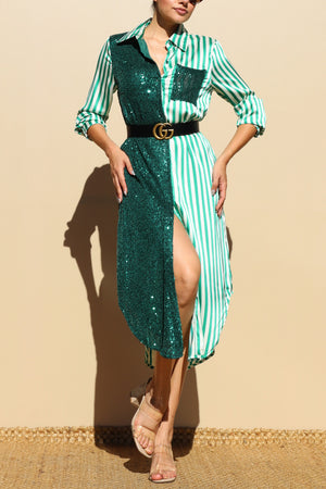 DD4030, Sequin Button Down Satin Shirt Maxi Dress