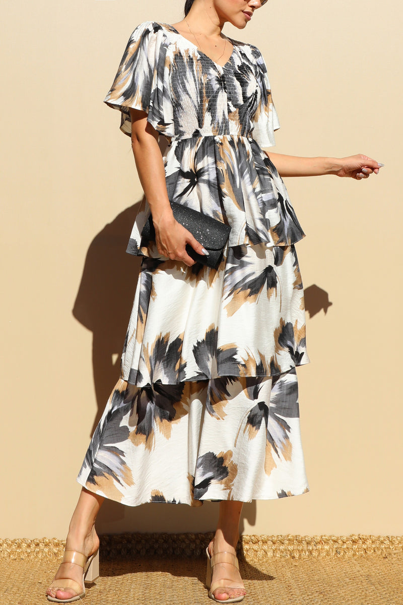 DD7856, PRINT TIERED WOVEN MIDI DRESSES