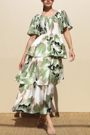 DD7856, PRINT TIERED WOVEN MIDI DRESSES