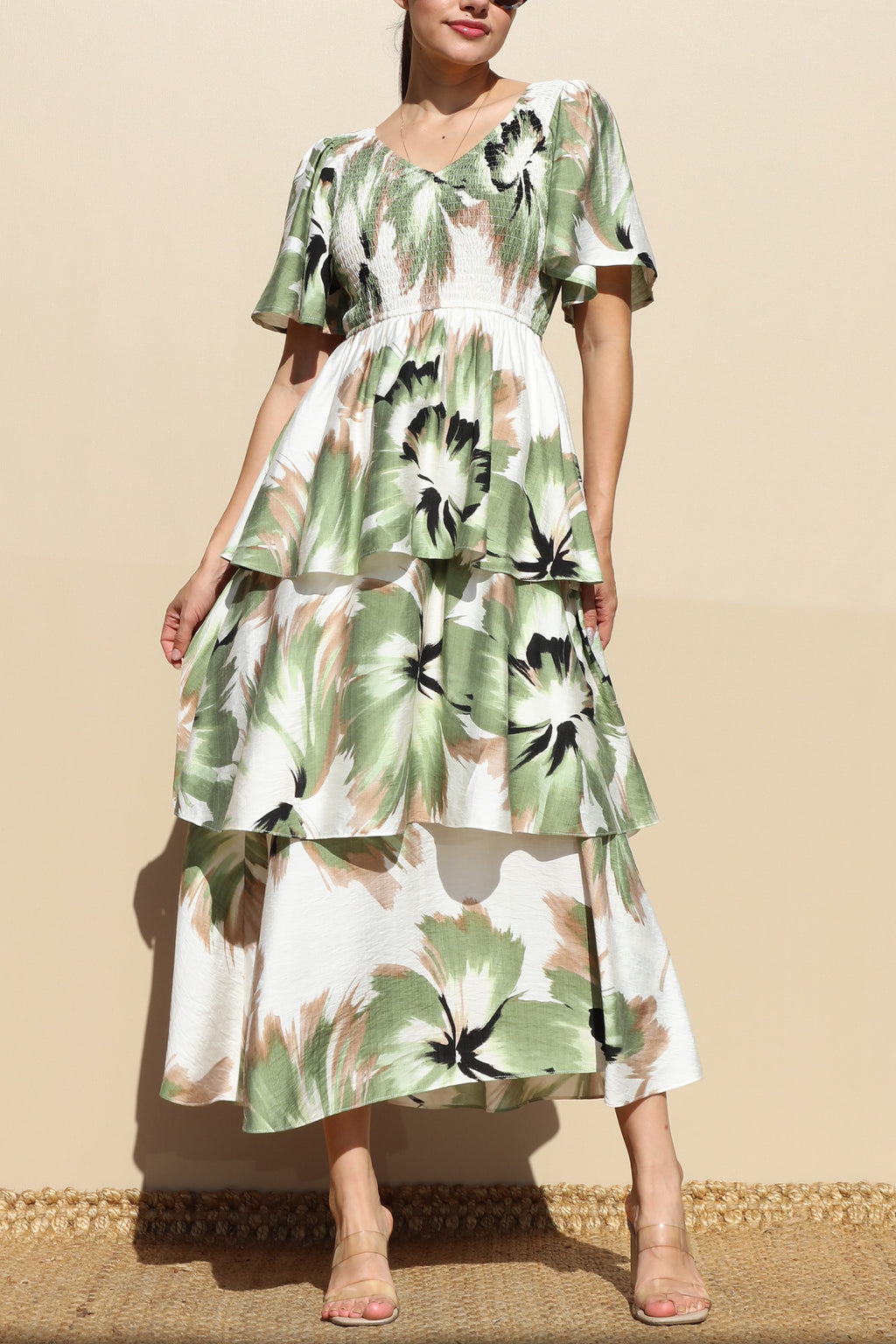 DD7856, PRINT TIERED WOVEN MIDI DRESSES