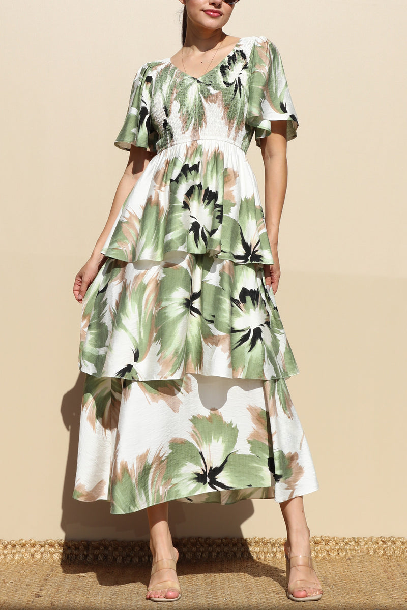 DD7856, PRINT TIERED WOVEN MIDI DRESSES