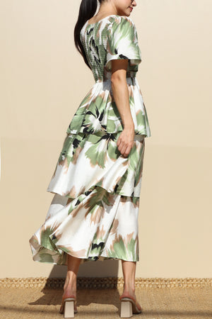 DD7856, PRINT TIERED WOVEN MIDI DRESSES