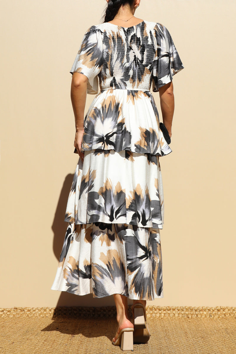 DD7856, PRINT TIERED WOVEN MIDI DRESSES