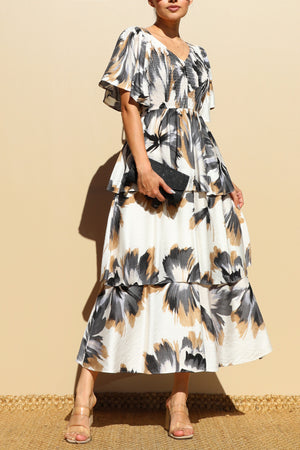 DD7856, PRINT TIERED WOVEN MIDI DRESSES