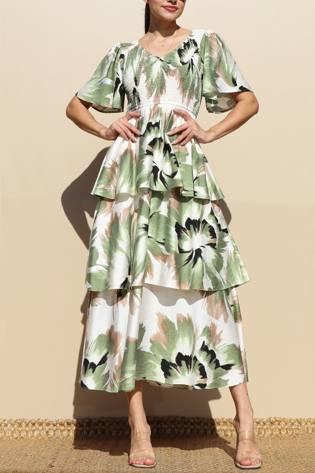 DD7856, PRINT TIERED WOVEN MIDI DRESSES