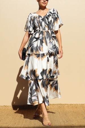 DD7856, PRINT TIERED WOVEN MIDI DRESSES