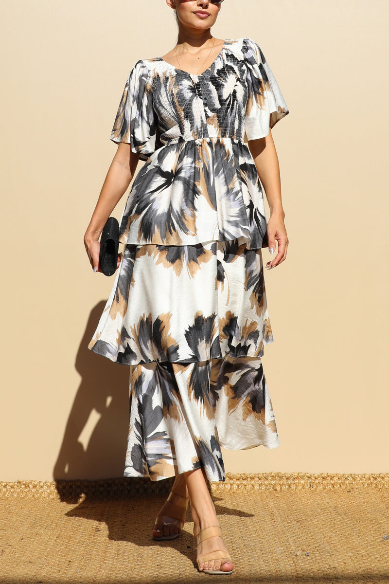 DD7856, PRINT TIERED WOVEN MIDI DRESSES