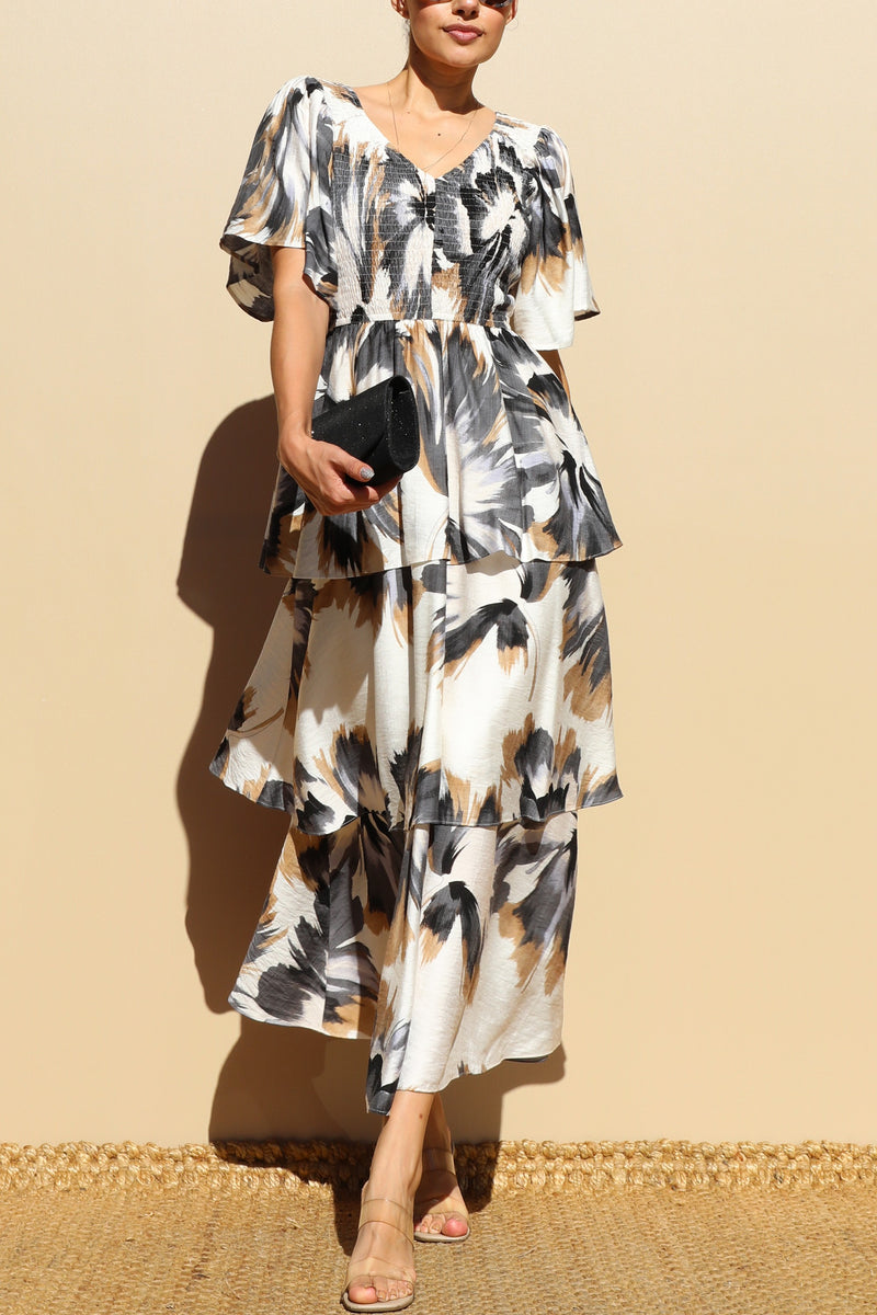 DD7856, PRINT TIERED WOVEN MIDI DRESSES