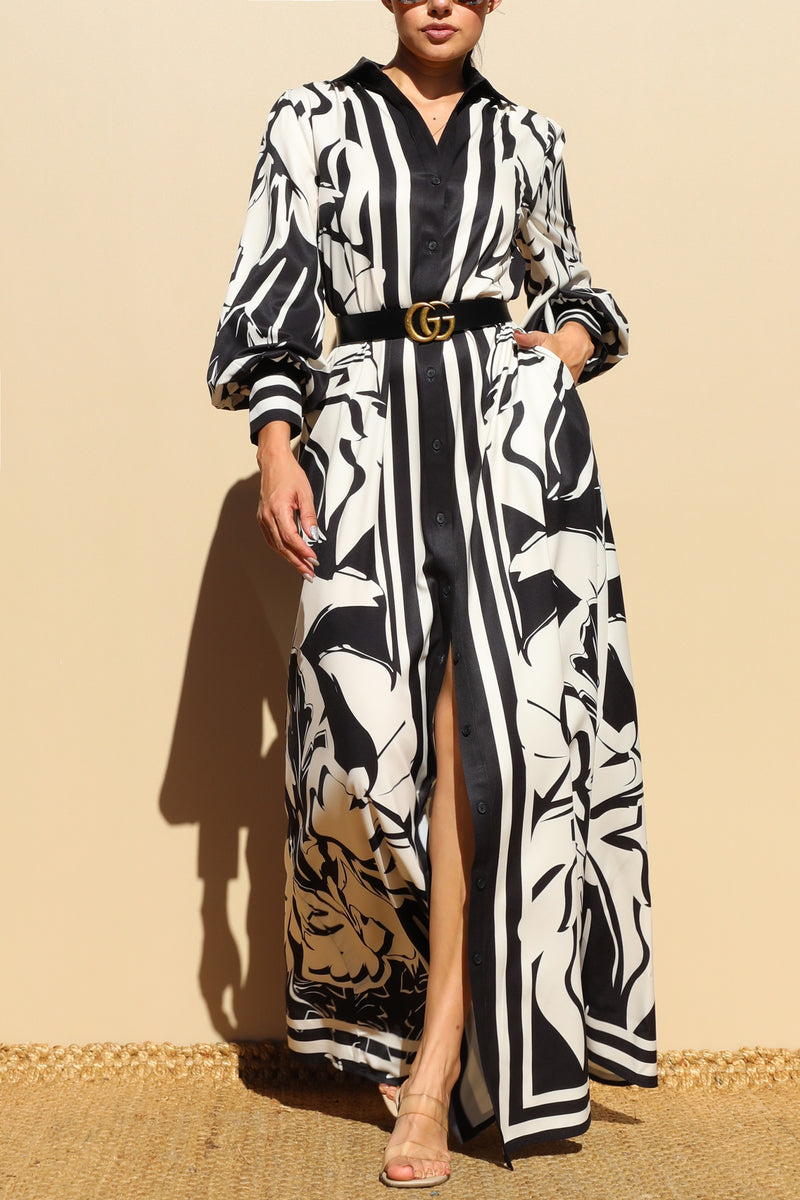 DD7879, PRINTED BUTTON DOWN WOVEN SHIRT MAXI DRESS