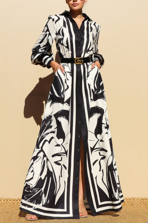 DD7879, PRINTED BUTTON DOWN WOVEN SHIRT MAXI DRESS