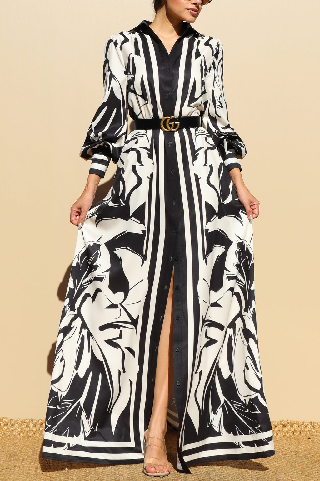 DD7879, PRINTED BUTTON DOWN WOVEN SHIRT MAXI DRESS