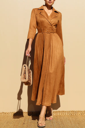DD7806, PLEATED SUEDE MIDI DRESS