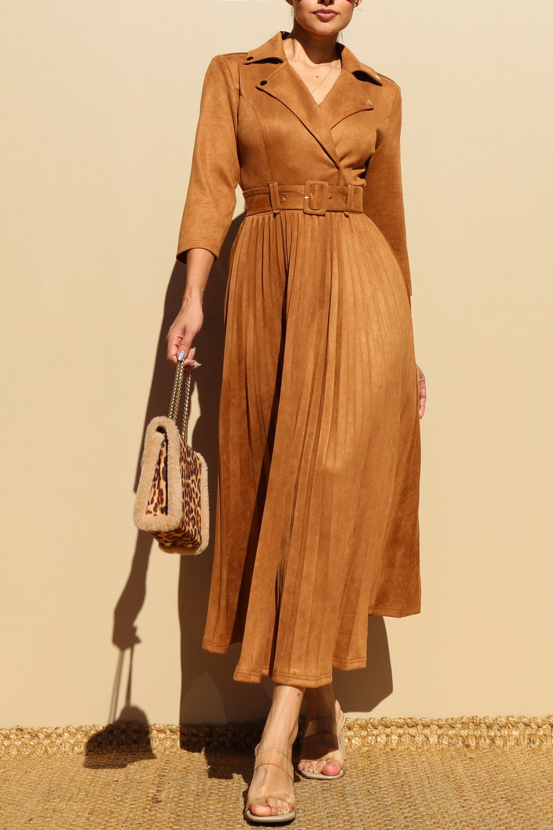 DD7806, PLEATED SUEDE MIDI DRESS