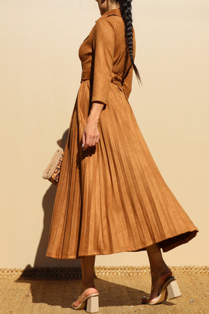 DD7806, PLEATED SUEDE MIDI DRESS