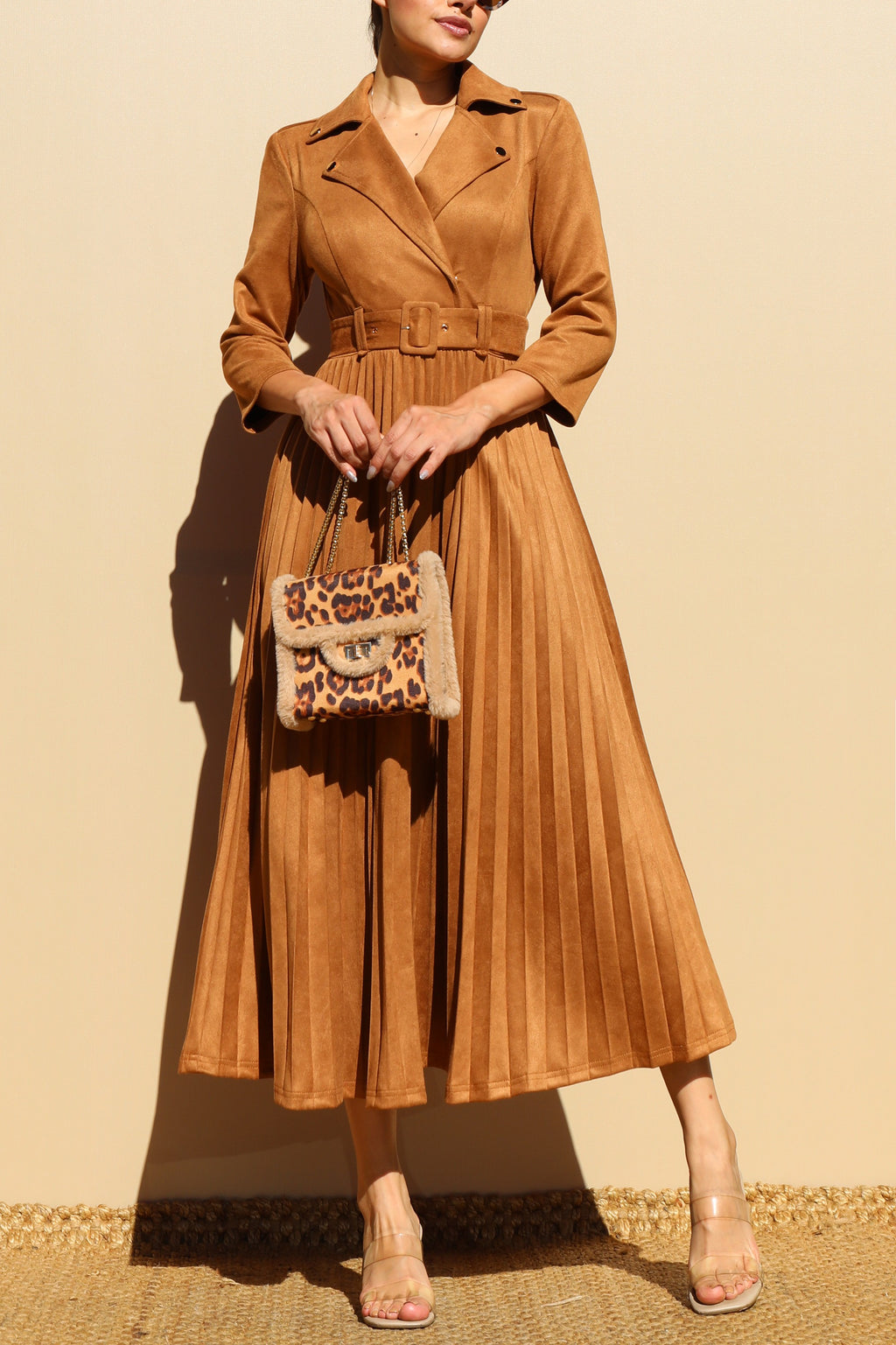 DD7806, PLEATED SUEDE MIDI DRESS