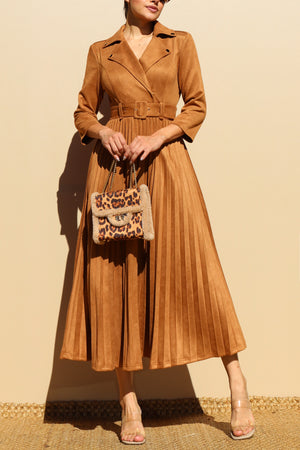 DD7806, PLEATED SUEDE MIDI DRESS