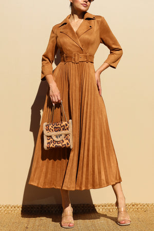 DD7806, PLEATED SUEDE MIDI DRESS