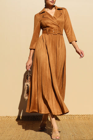 DD7806, PLEATED SUEDE MIDI DRESS