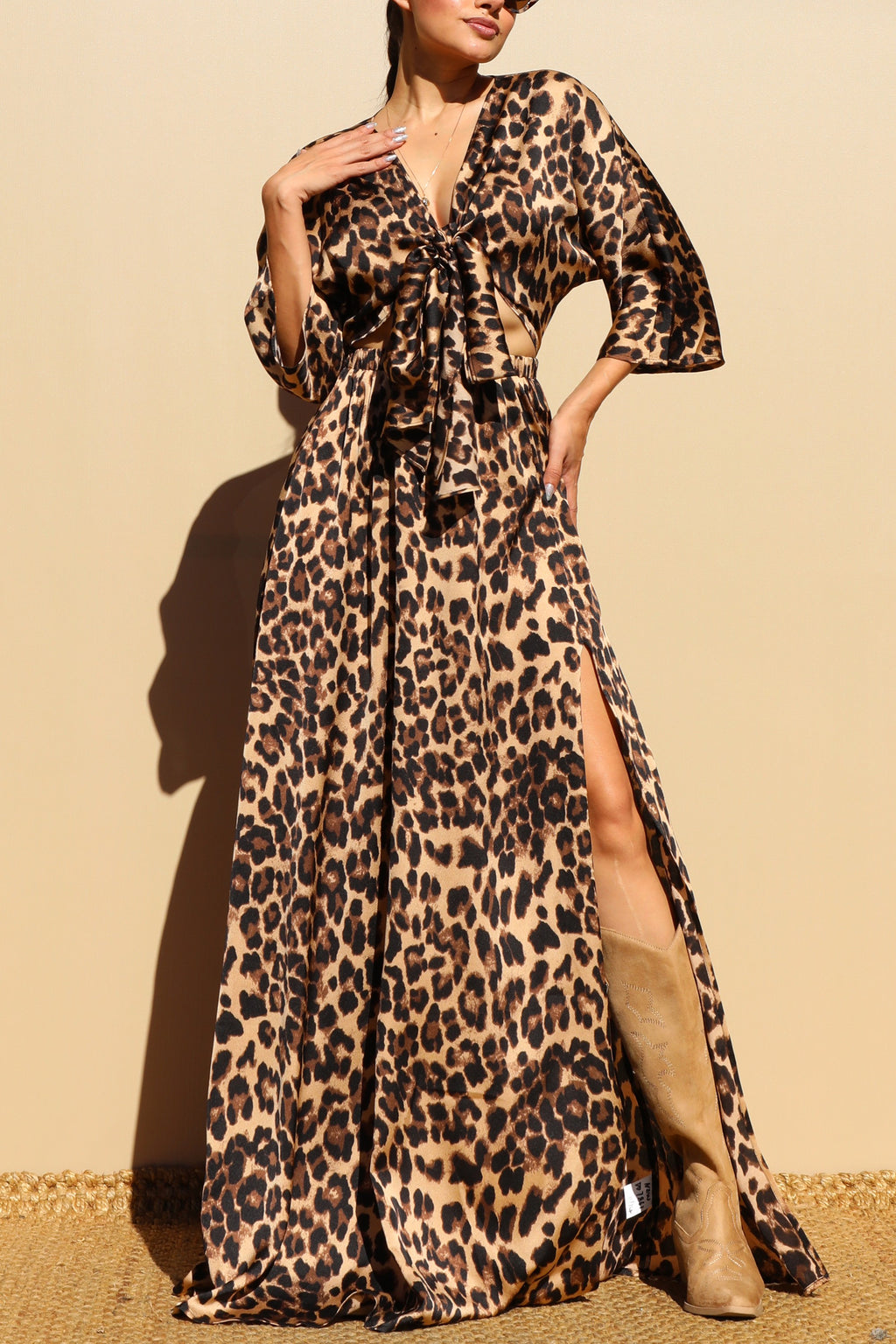 DD7861, LEOPARD FRONT TIE SATIN MAXI DRESS