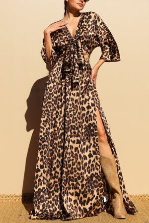 DD7861, LEOPARD FRONT TIE SATIN MAXI DRESS
