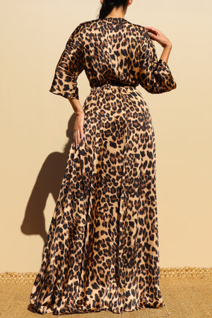 DD7861, LEOPARD FRONT TIE SATIN MAXI DRESS