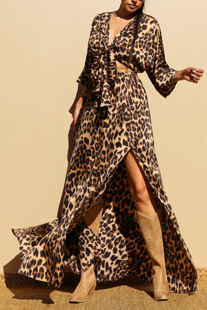 DD7861, LEOPARD FRONT TIE SATIN MAXI DRESS