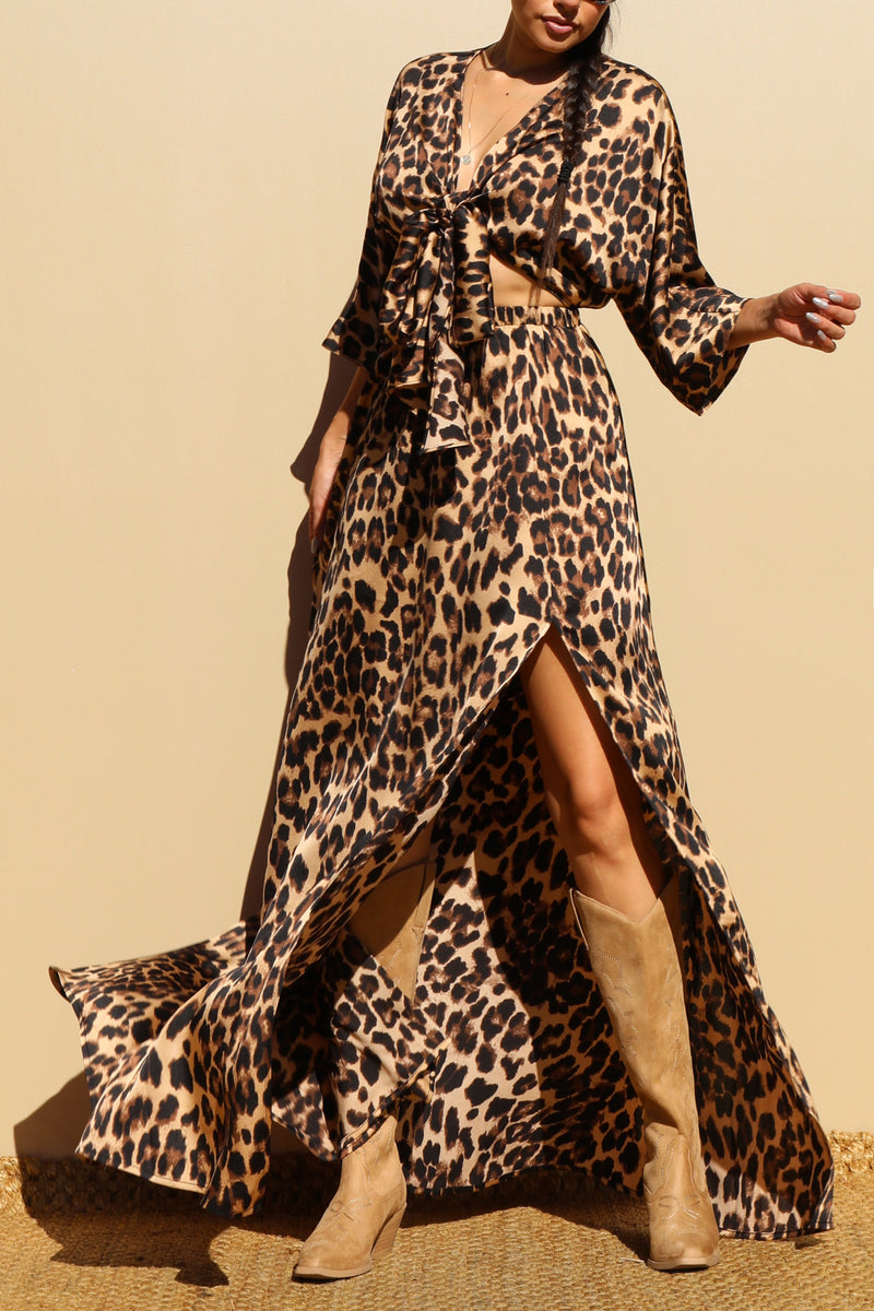 DD7861, LEOPARD FRONT TIE SATIN MAXI DRESS