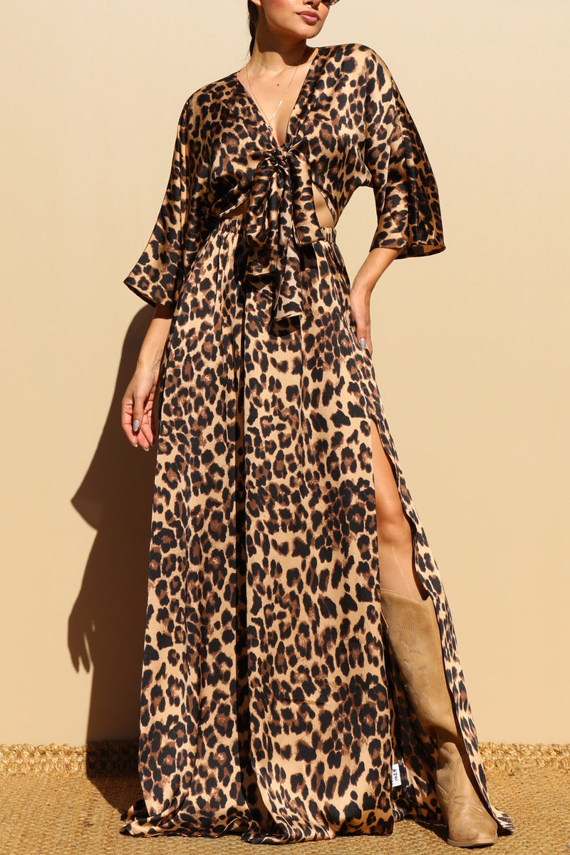 DD7861, LEOPARD FRONT TIE SATIN MAXI DRESS
