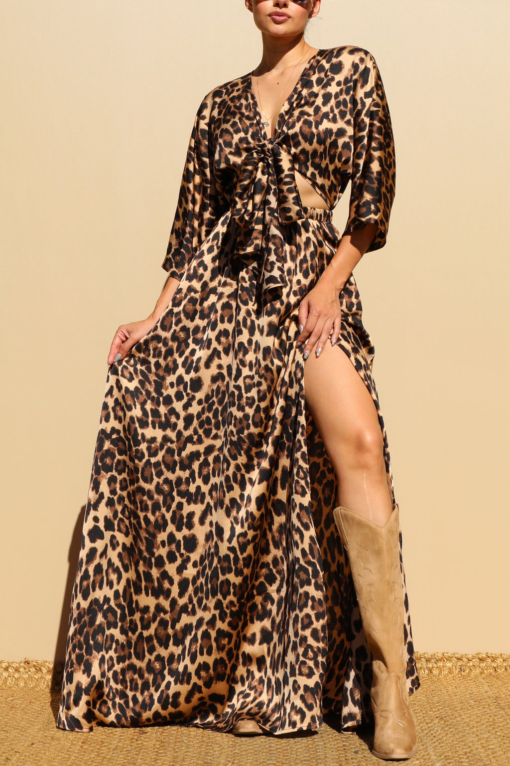 DD7861, LEOPARD FRONT TIE SATIN MAXI DRESS