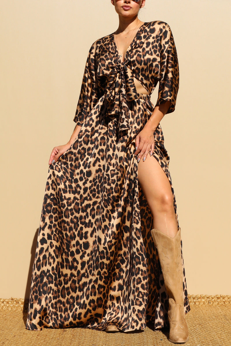 DD7861, LEOPARD FRONT TIE SATIN MAXI DRESS