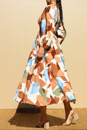 DD7846, PRINTED SMOCK TOP WOVEN MIDI DRESSES