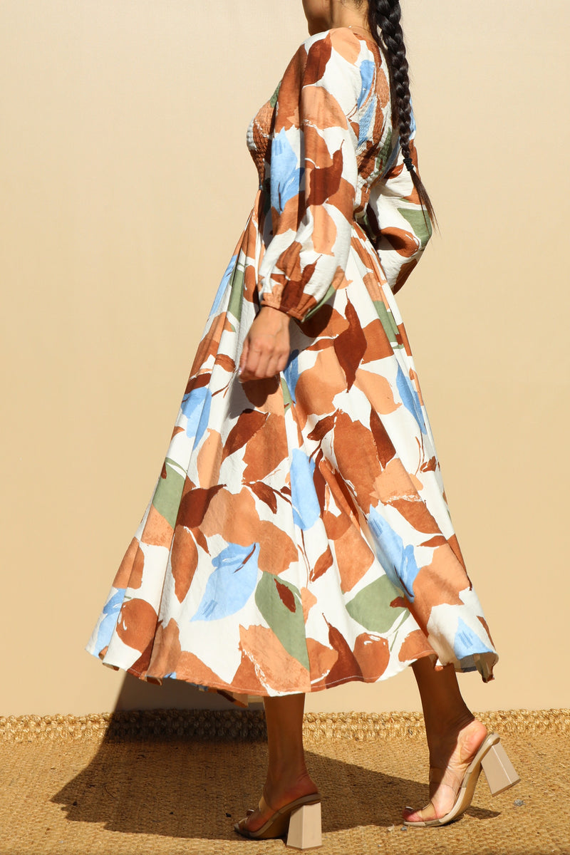 DD7846, PRINTED SMOCK TOP WOVEN MIDI DRESSES