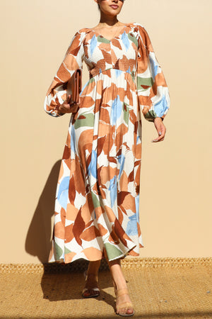 DD7846, PRINTED SMOCK TOP WOVEN MIDI DRESSES