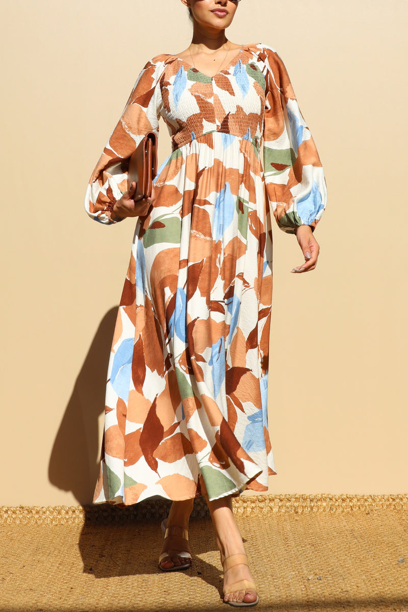 DD7846, PRINTED SMOCK TOP WOVEN MIDI DRESSES