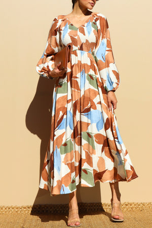 DD7846, PRINTED SMOCK TOP WOVEN MIDI DRESSES