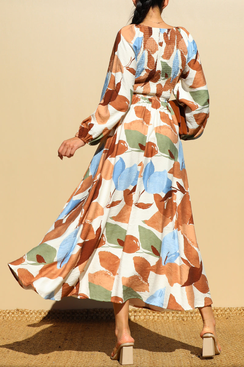 DD7846, PRINTED SMOCK TOP WOVEN MIDI DRESSES