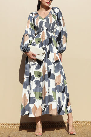 DD7846, PRINTED SMOCK TOP WOVEN MIDI DRESSES