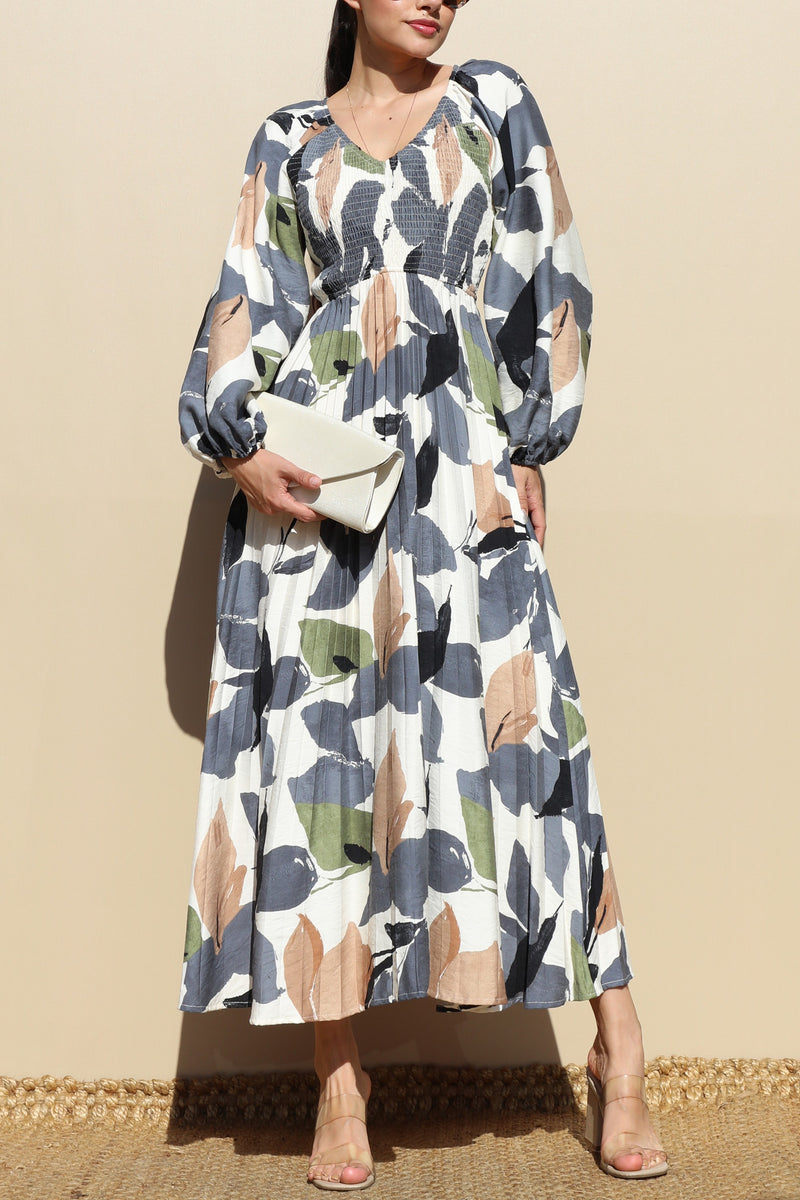 DD7846, PRINTED SMOCK TOP WOVEN MIDI DRESSES