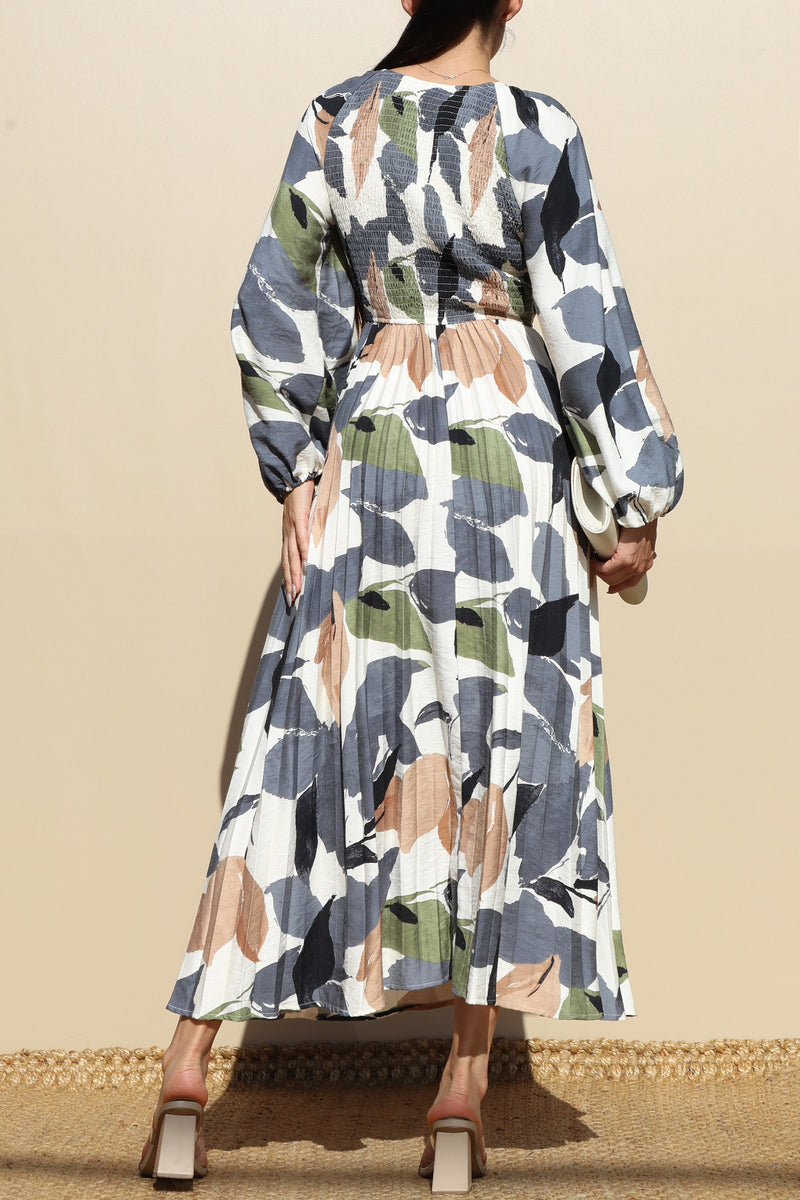 DD7846, PRINTED SMOCK TOP WOVEN MIDI DRESSES