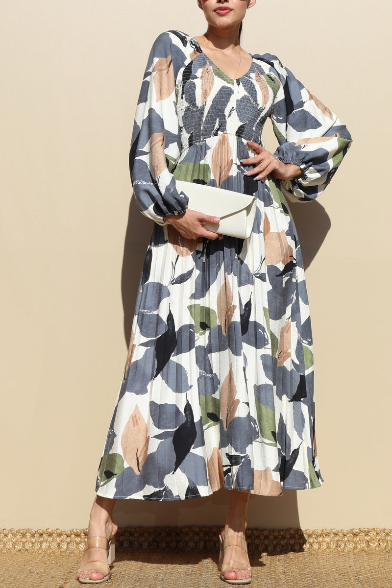 DD7846, PRINTED SMOCK TOP WOVEN MIDI DRESSES