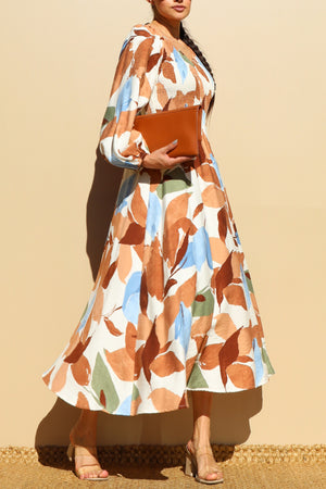 DD7846, PRINTED SMOCK TOP WOVEN MIDI DRESSES