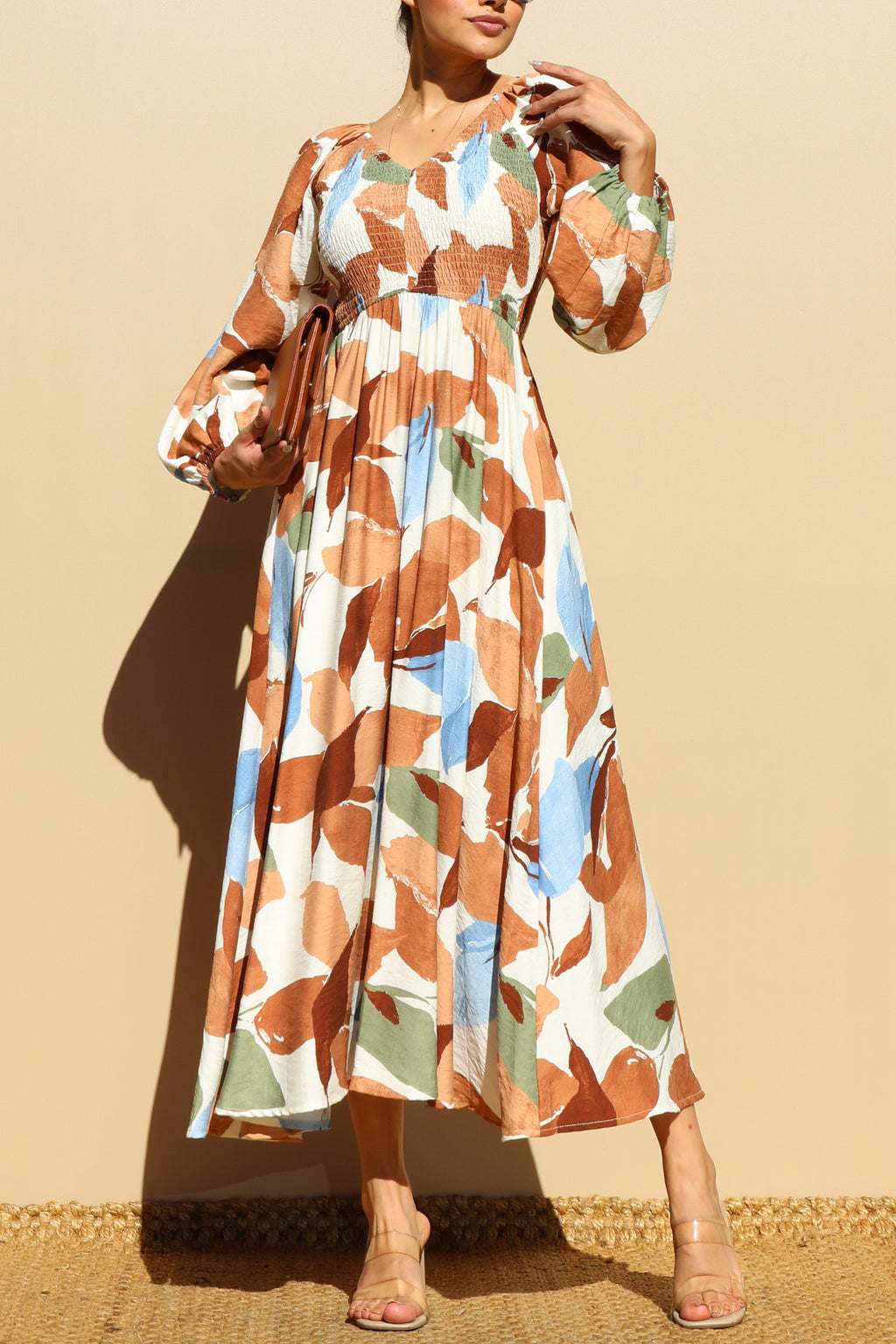 DD7846, PRINTED SMOCK TOP WOVEN MIDI DRESSES