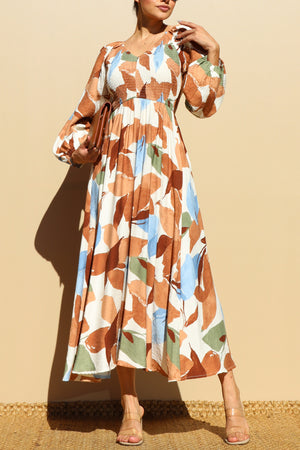 DD7846, PRINTED SMOCK TOP WOVEN MIDI DRESSES
