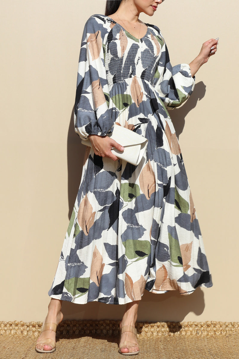 DD7846, PRINTED SMOCK TOP WOVEN MIDI DRESSES